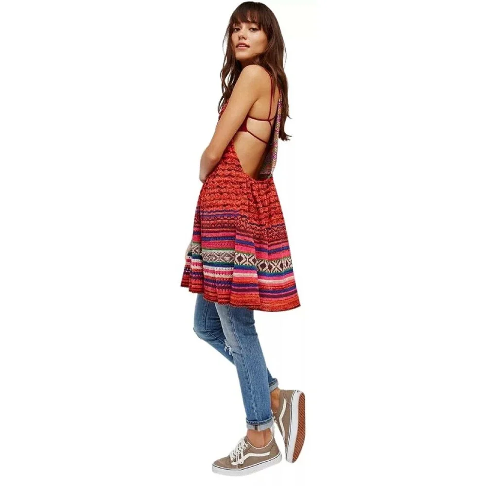 Free People Womens Boho Crochet Knit Open Back Apron Tank Top XS Summer Festival